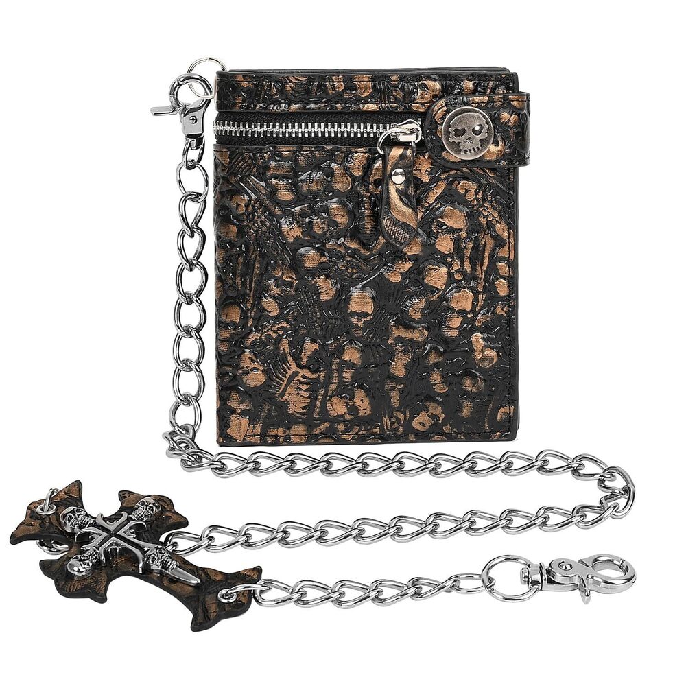 3123 Unisex Gothic Punk Skull Chain Wallet - Bifold Faux Leather, Halloween